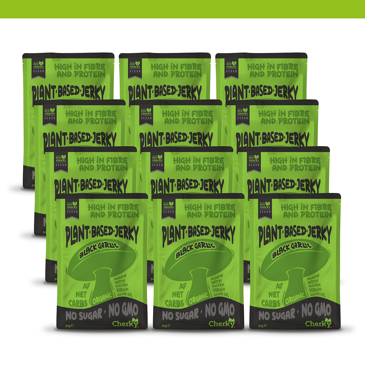 ECO · PLANT BASED JERKY · BLACK GARLIC & COFFEE