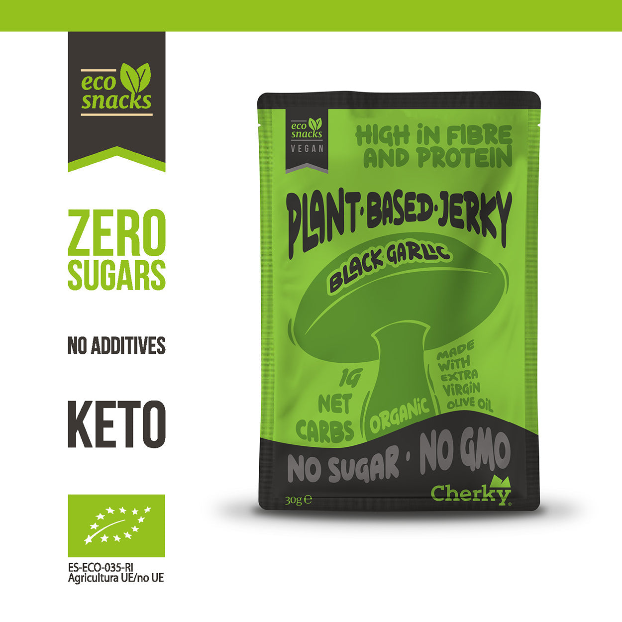 ECO · PLANT BASED JERKY · BLACK GARLIC & COFFEE